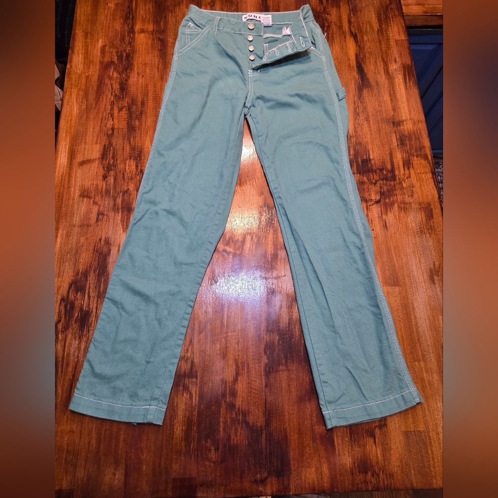 S. O. N. G. Carpenter Boyfriend 90s Jeans in Green Thick White Stitching sz 1